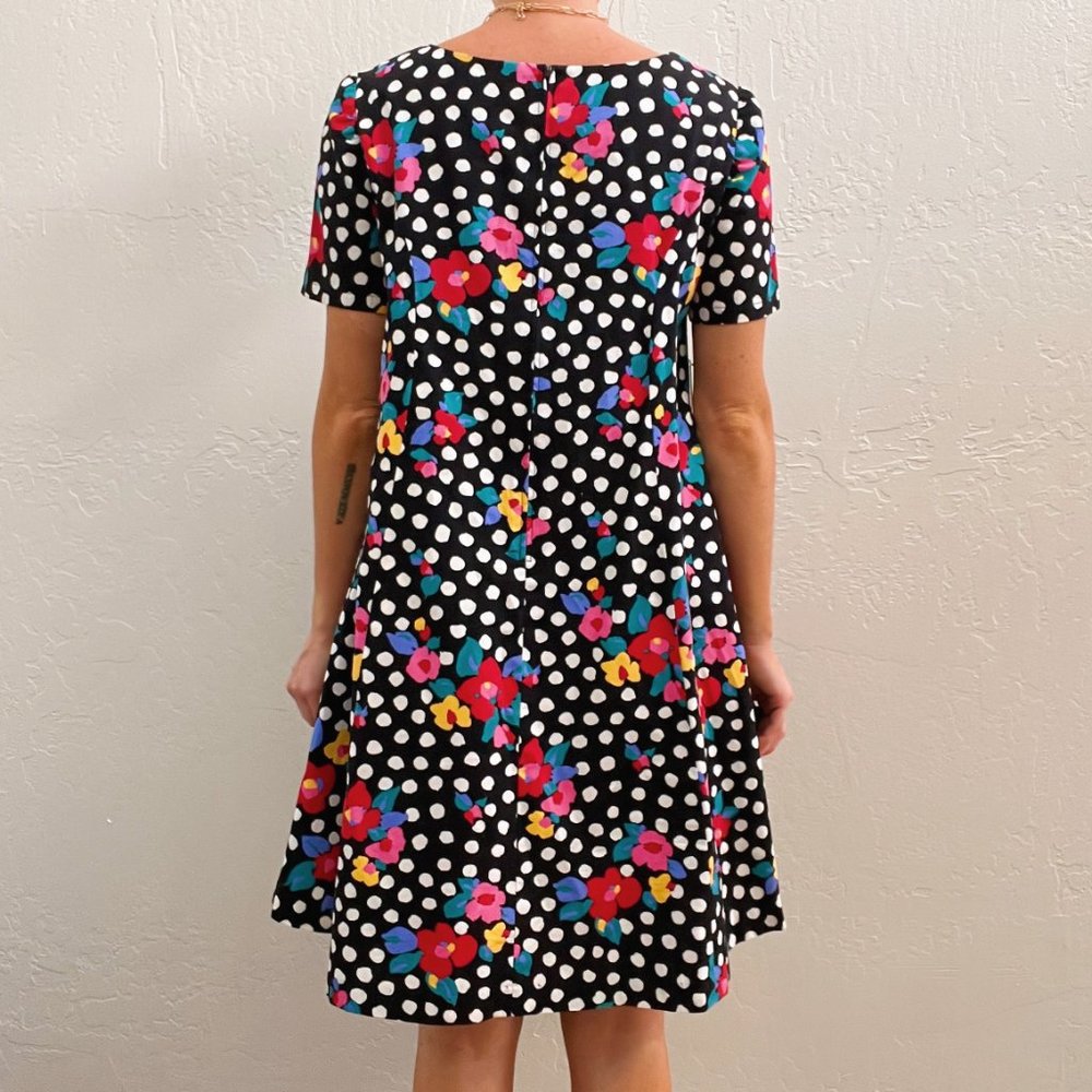 Vintage Black Funky Floral Dot Printed Short Sleeve Mini Dress - Picture 6 of 7